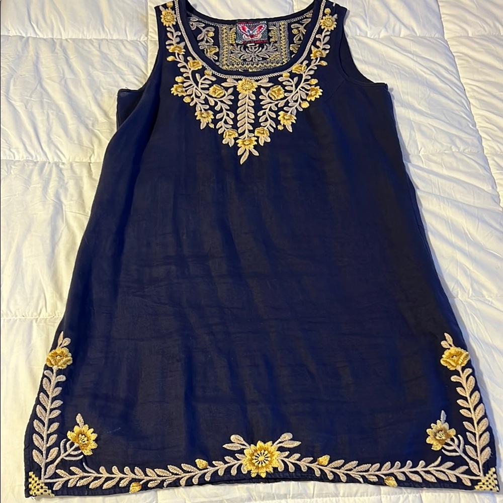 Johnny Was Navy Linen Dress with Gold Embroidery